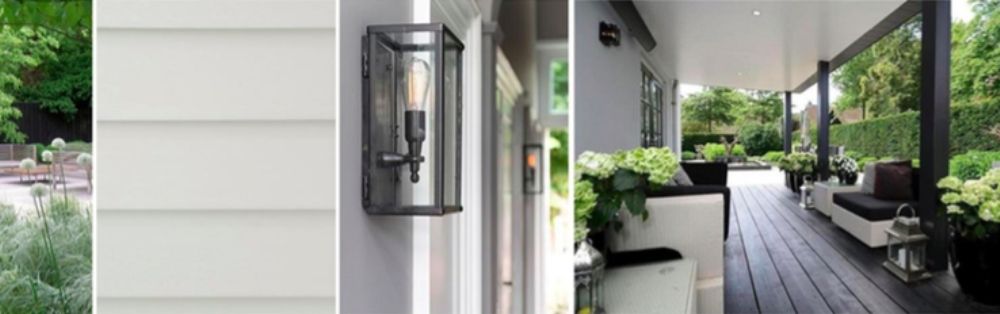 Een samenvatting van een tuinpad lichte buitenmuur wandlamp en een veranda met zitplek en veel groen